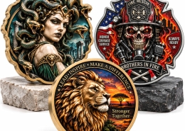 Custom UV printed 3D challenge coin collection with Medusa lion firefighter and sculpted metal designs