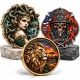 Custom UV printed 3D challenge coin collection with Medusa lion firefighter and sculpted metal designs