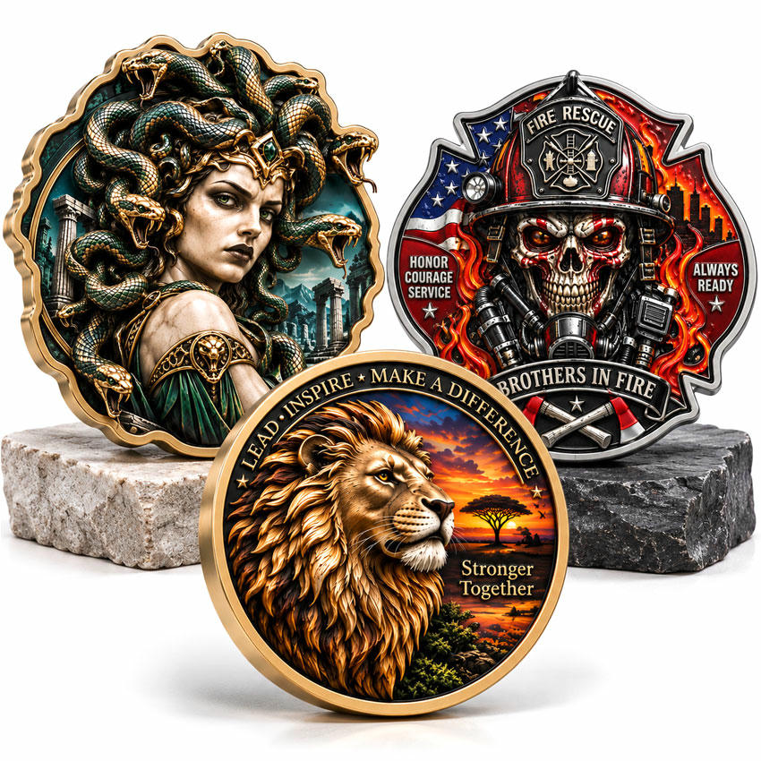 Custom UV Printed 3D Challenge Coin Collection Custom UV printed 3D challenge coin collection with Medusa lion firefighter and sculpted metal designs