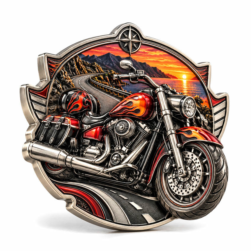 Custom Shaped 3D Motorcycle Challenge Coin Wholesale Custom shaped 3D motorcycle challenge coin with sculpted rider relief and selective UV printed details