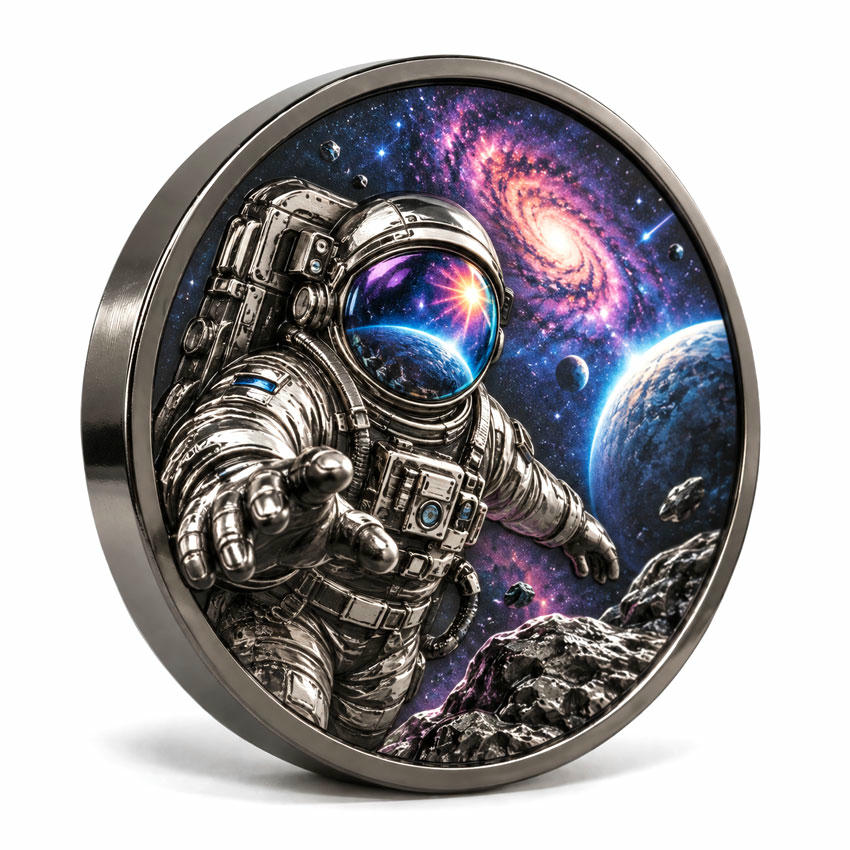 Custom 3D Astronaut Challenge Coin with UV Printing Custom UV printed 3D zinc alloy challenge coin with astronaut relief and full color galaxy design