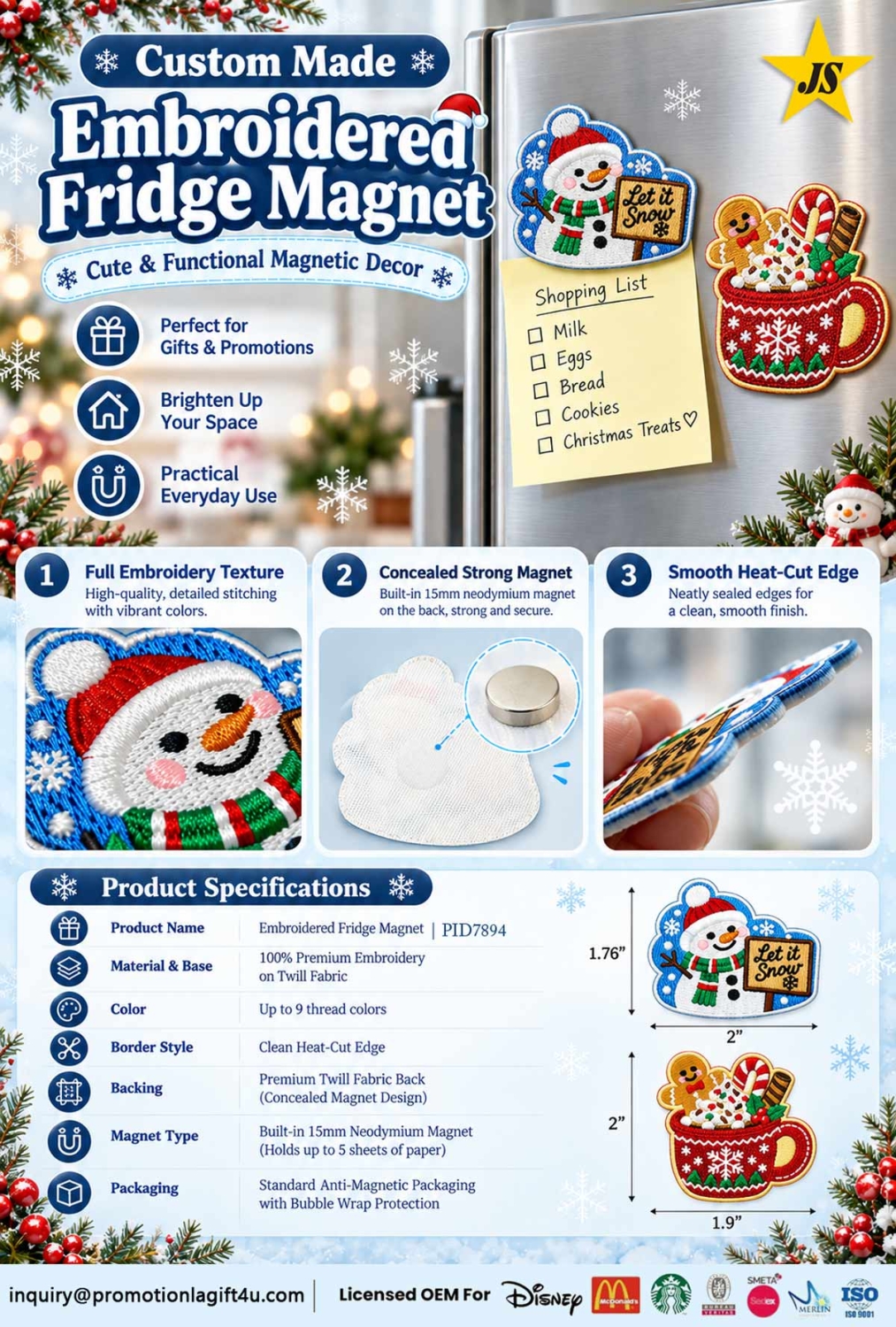 Custom Embroidered Fridge Magnets with Hidden Strong Magnets – OEM Product Features Custom embroidered fridge magnets product infographic showing Christmas designs, embroidery texture, concealed neodymium magnet and heat-cut edges
