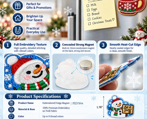 Custom embroidered fridge magnets product infographic showing Christmas designs, embroidery texture, concealed neodymium magnet and heat-cut edges