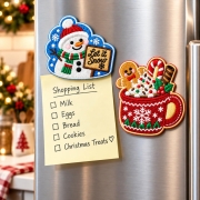 ustom Christmas Embroidered Refrigerator Magnets for Holiday Gifts and Souvenir Merchandise Christmas snowman and hot cocoa embroidered fridge magnets displayed on a refrigerator with a shopping list