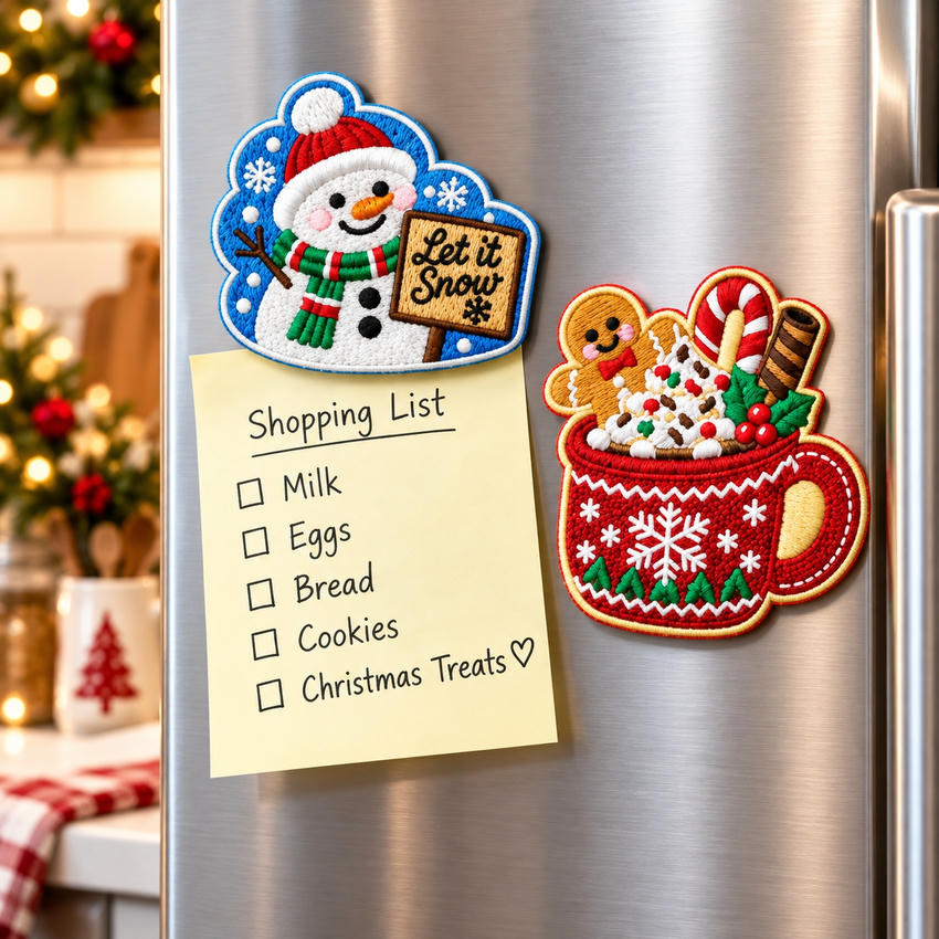 ustom Christmas Embroidered Refrigerator Magnets for Holiday Gifts and Souvenir Merchandise Christmas snowman and hot cocoa embroidered fridge magnets displayed on a refrigerator with a shopping list