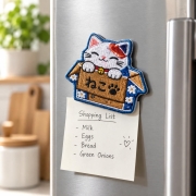 Custom Embroidered Magnetic Fridge Patch for Refrigerator Notes and Promotional Gifts Custom embroidered animal-themed fridge magnet attached to a stainless steel refrigerator holding a paper note