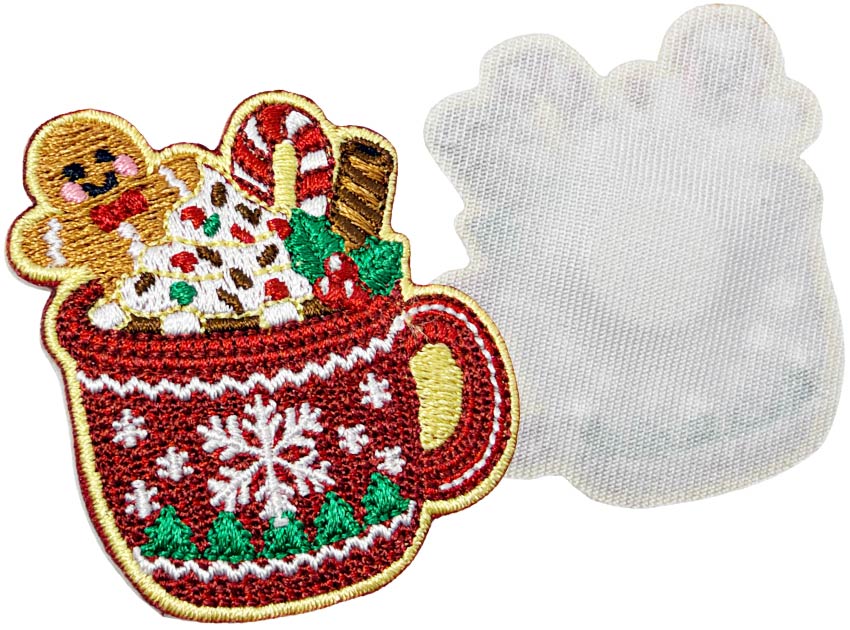 Custom Christmas Hot Cocoa Embroidery Fridge Magnet with Premium Twill Backing Christmas hot cocoa mug embroidered fridge magnet with gingerbread design and concealed magnet beneath fabric backing